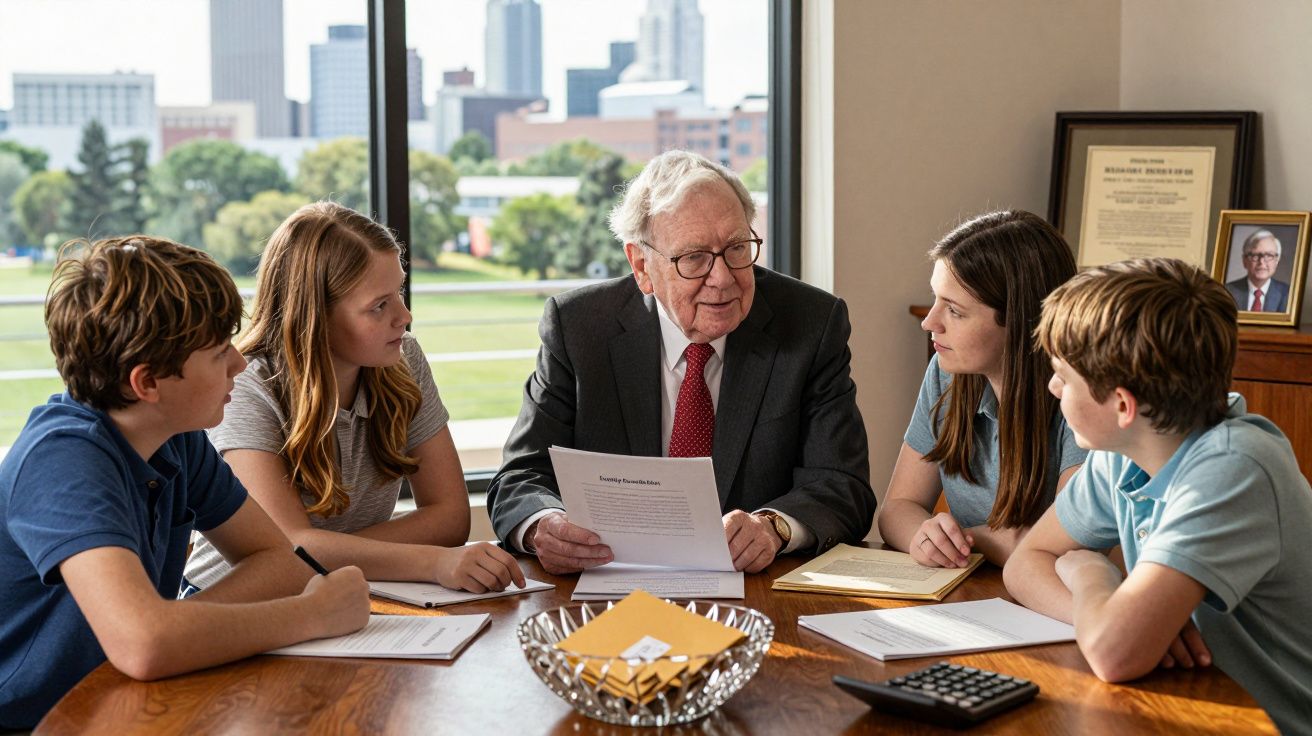 Homem idoso em fato fala com quatro jovens sentados à mesa com papéis e calculadora numa sala iluminada.