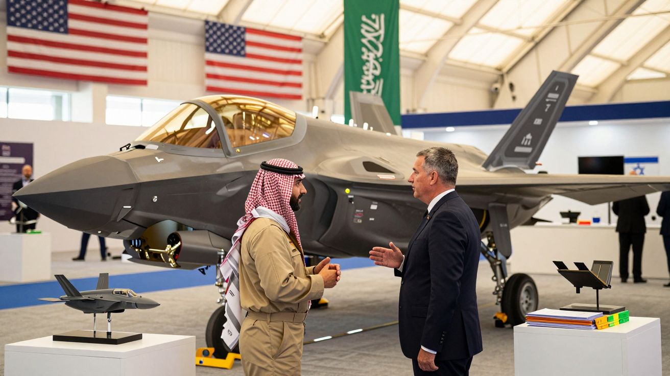 Dois homens conversam junto a um caça militar exposto, com bandeiras dos EUA, Arábia Saudita e Israel ao fundo.