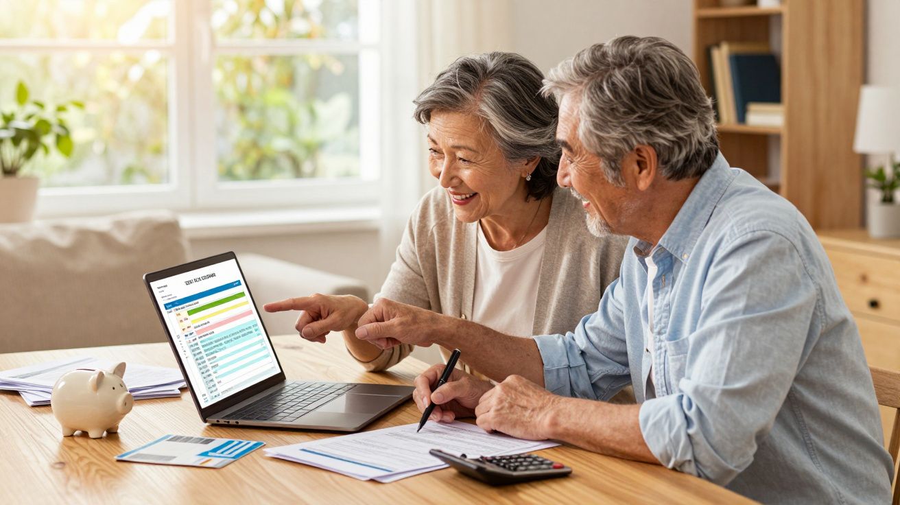 Casal sénior a analisar finanças pessoais no portátil, com documentos e calculadora numa mesa.