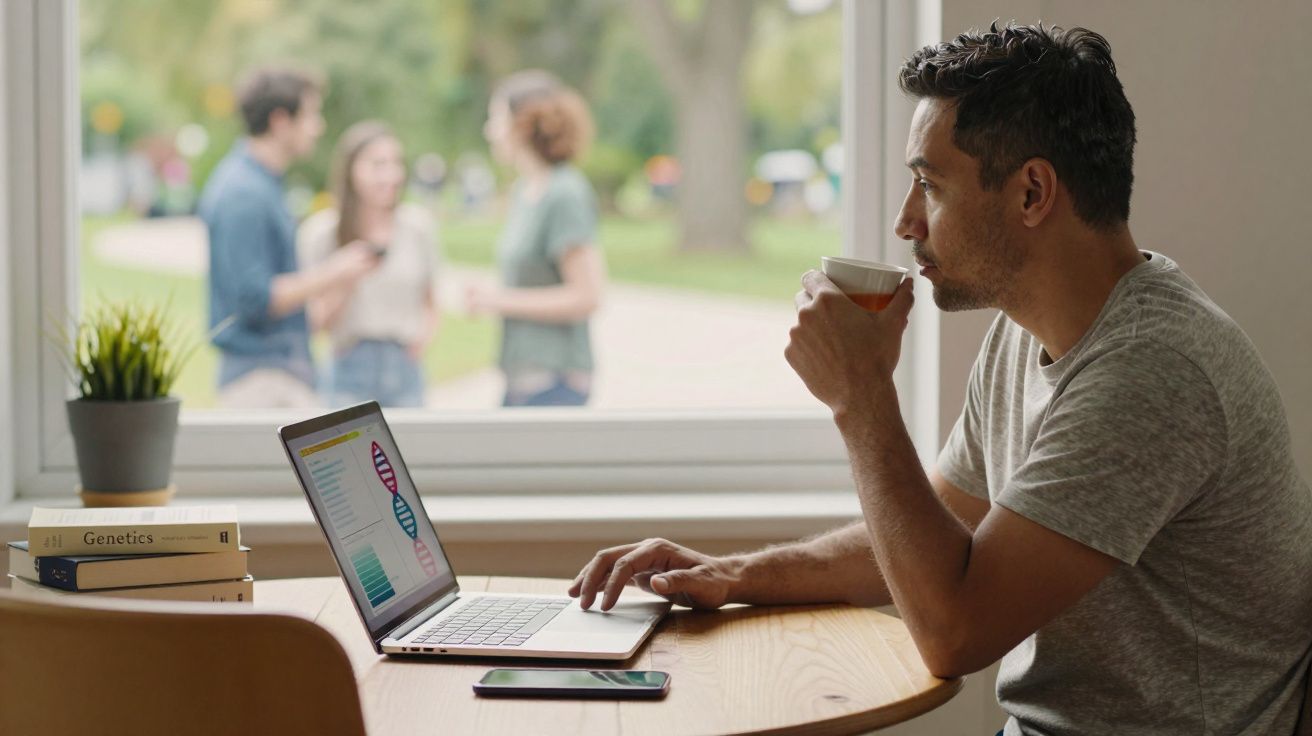 Homem a trabalhar num portátil e a beber café numa mesa perto de uma janela com três pessoas ao fundo.
