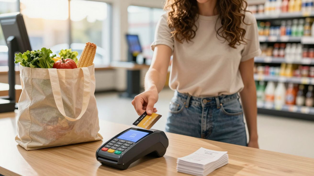 Pessoa a pagar com cartão contactless numa loja com sacola de compras cheia de legumes na bancada.