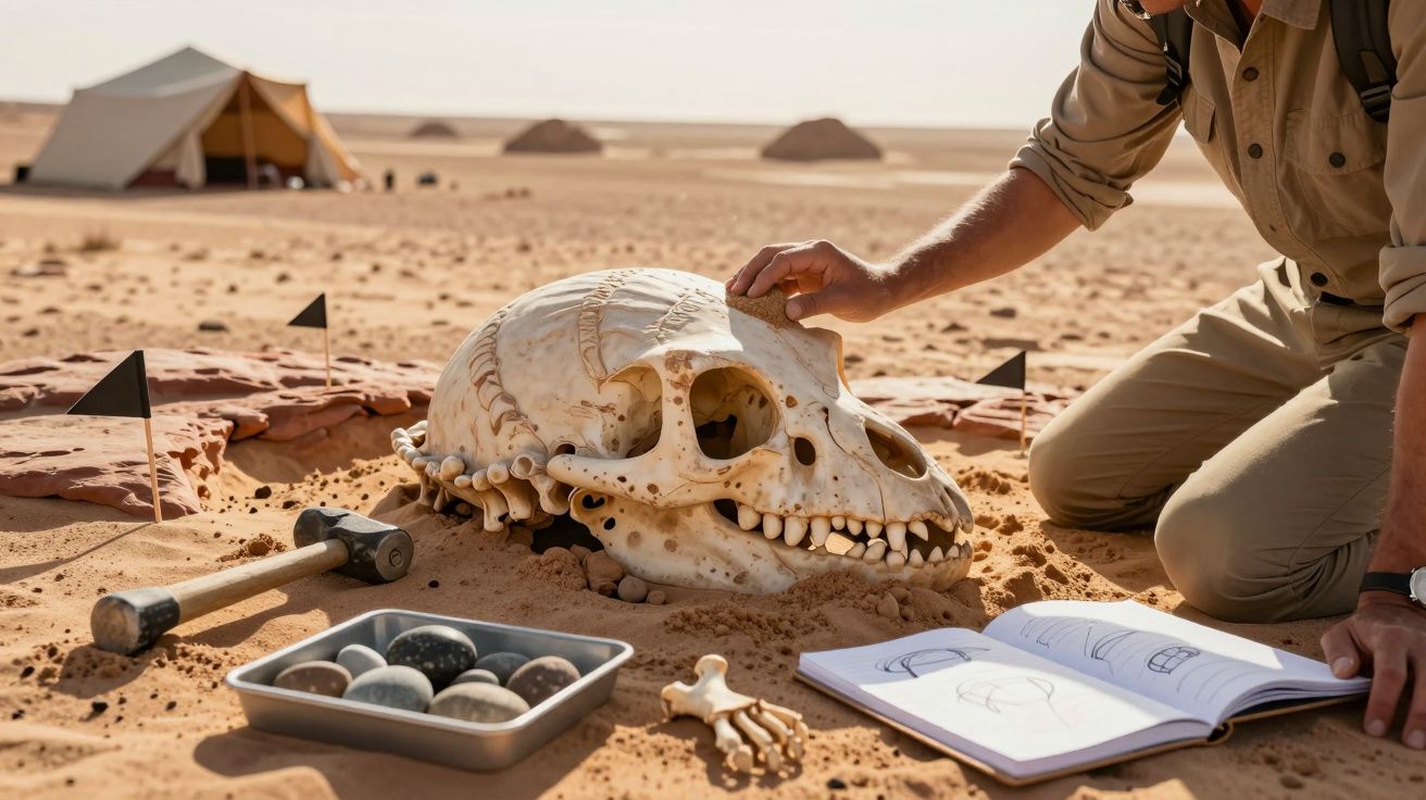 Arqueólogo examina crânio fóssil grande no deserto com ferramentas e cadernos de desenho à volta.