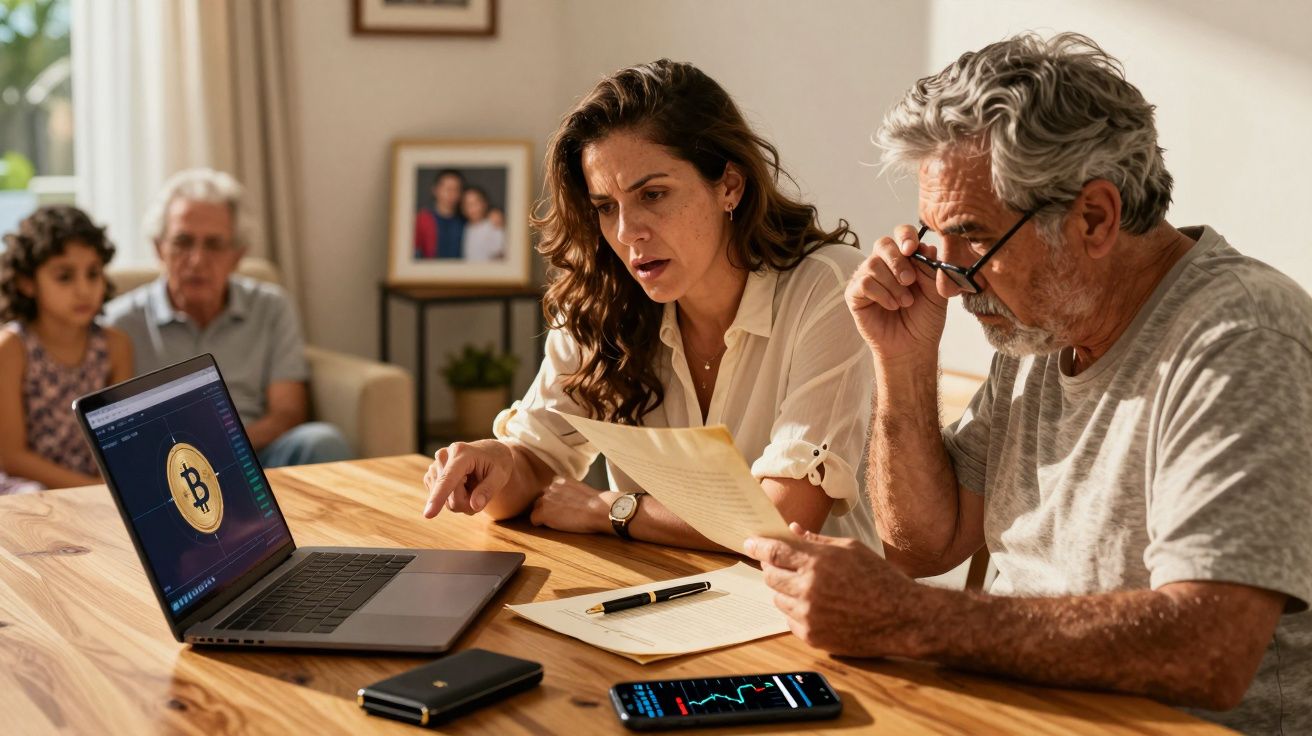 Duas pessoas adultos analisam documentos e gráficos de investimento em criptomoedas numa mesa com laptop e smartphone.