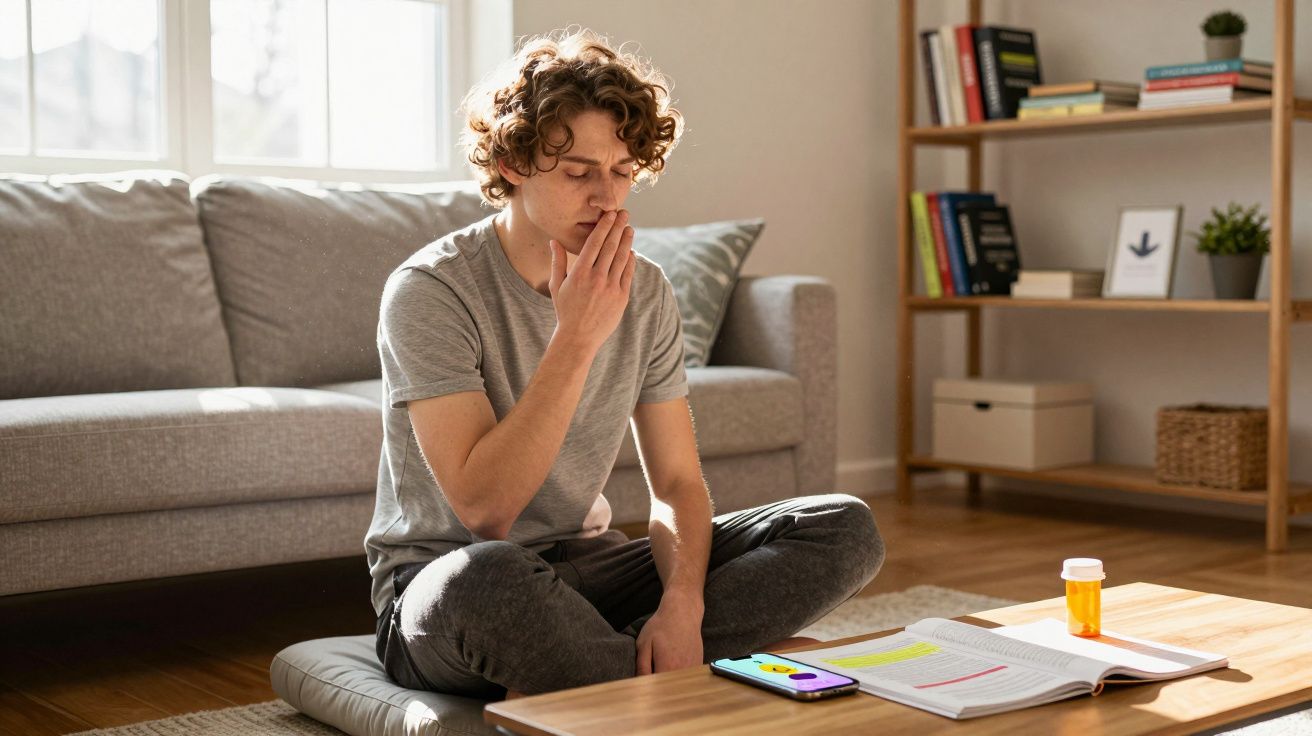 Jovem sentado no chão a meditar, com livros e smartphone à frente numa sala iluminada.