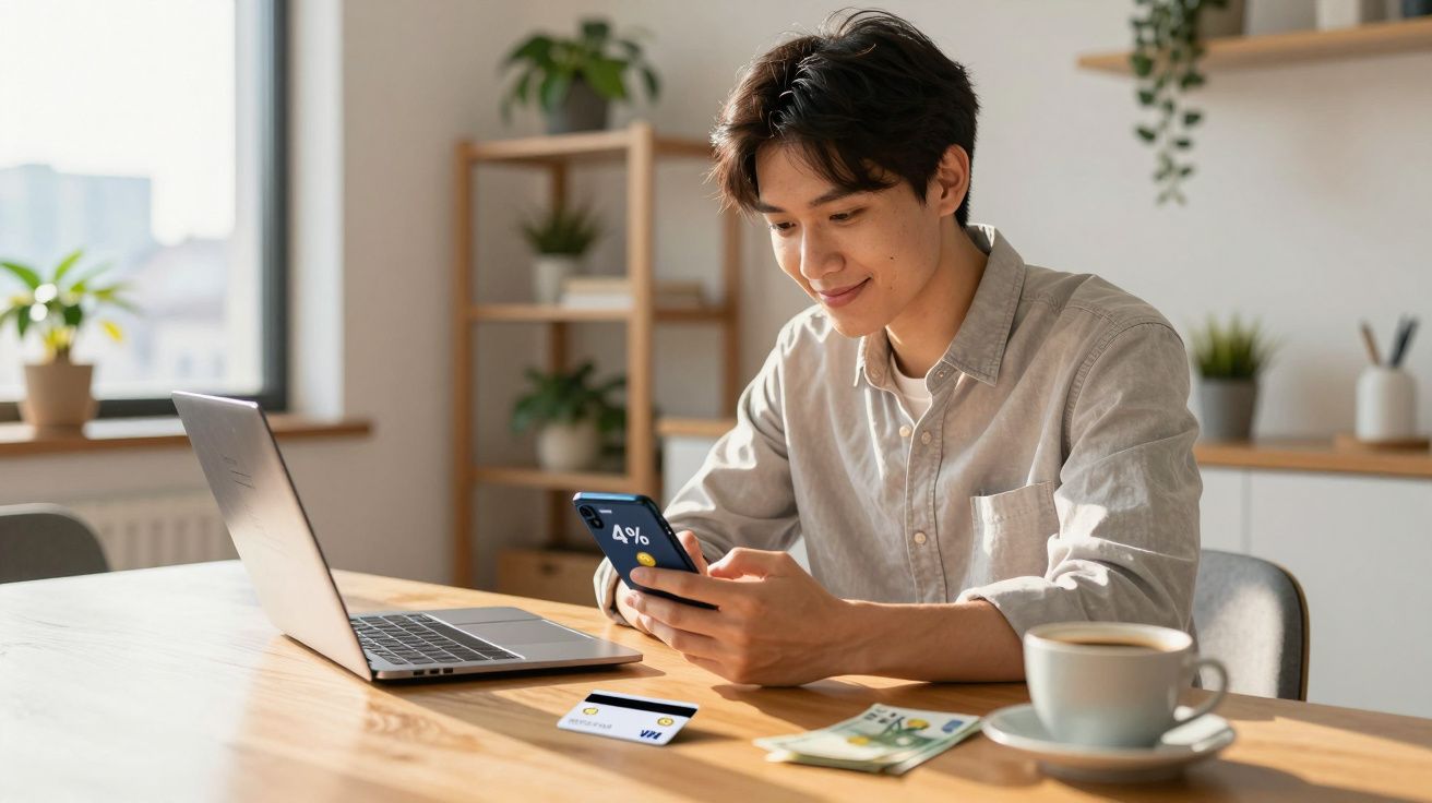 Jovem sentado à mesa com portátil, telemóvel, cartões e notas, numa cozinha luminosa.