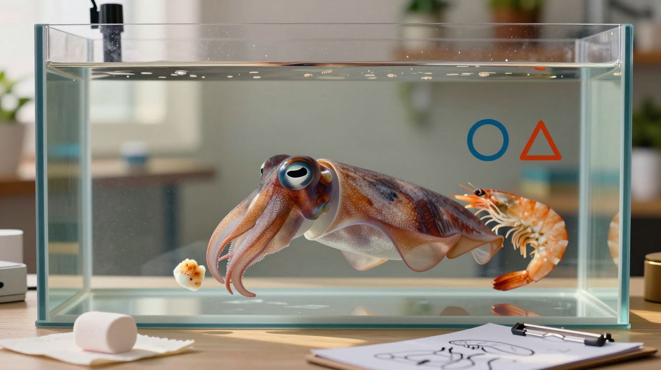 Aquário com uma lula e um camarão em água transparente sobre uma mesa com papéis e objetos.