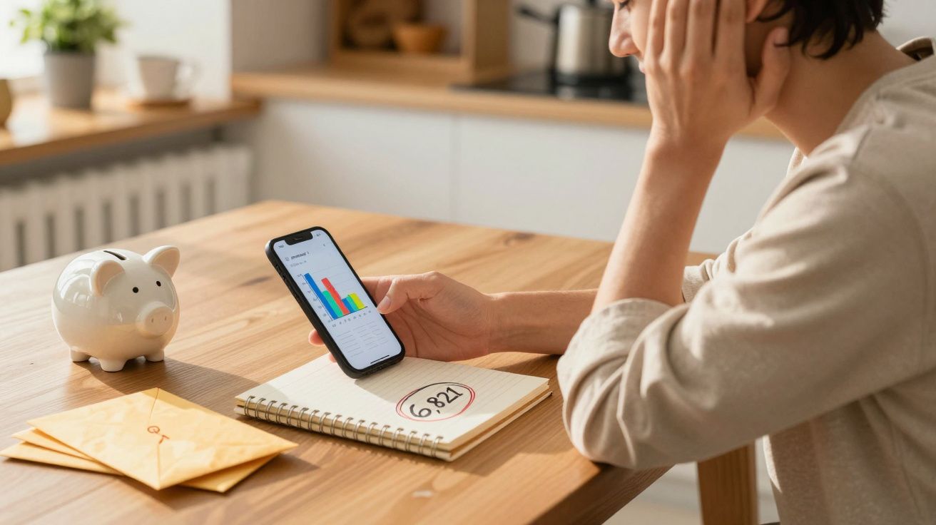 Pessoa a analisar finanças pessoais usando smartphone, com mealheiro e envelopes numa mesa de madeira.