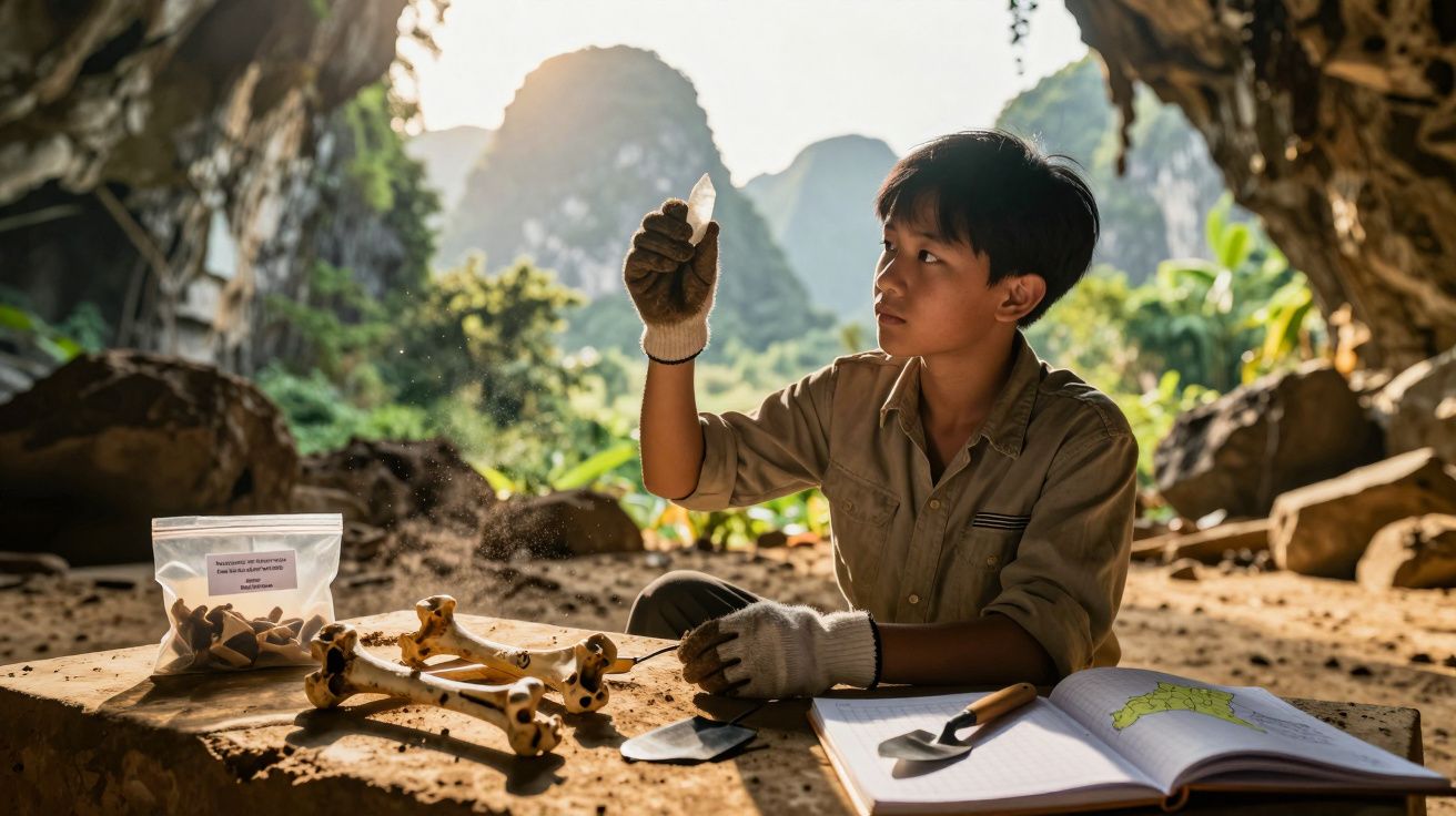Criança em escavação arqueológica segura cristal, com ossos e caderno num ambiente natural e montanhoso.