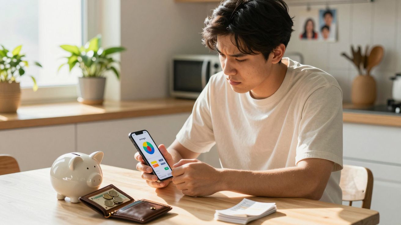 Homem jovem sentado à mesa a analisar finanças no telemóvel, com mealheiro, carteira e notas à sua frente.