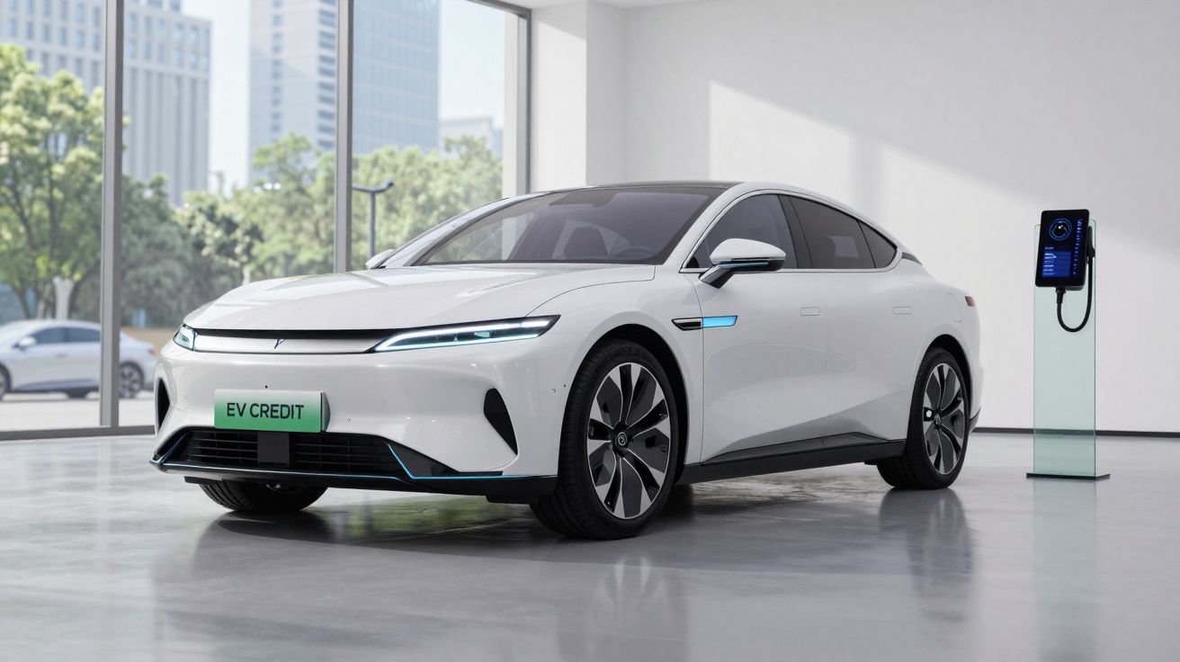 Carro elétrico branco estacionado em espaço interior moderno com estação de carregamento ao lado.