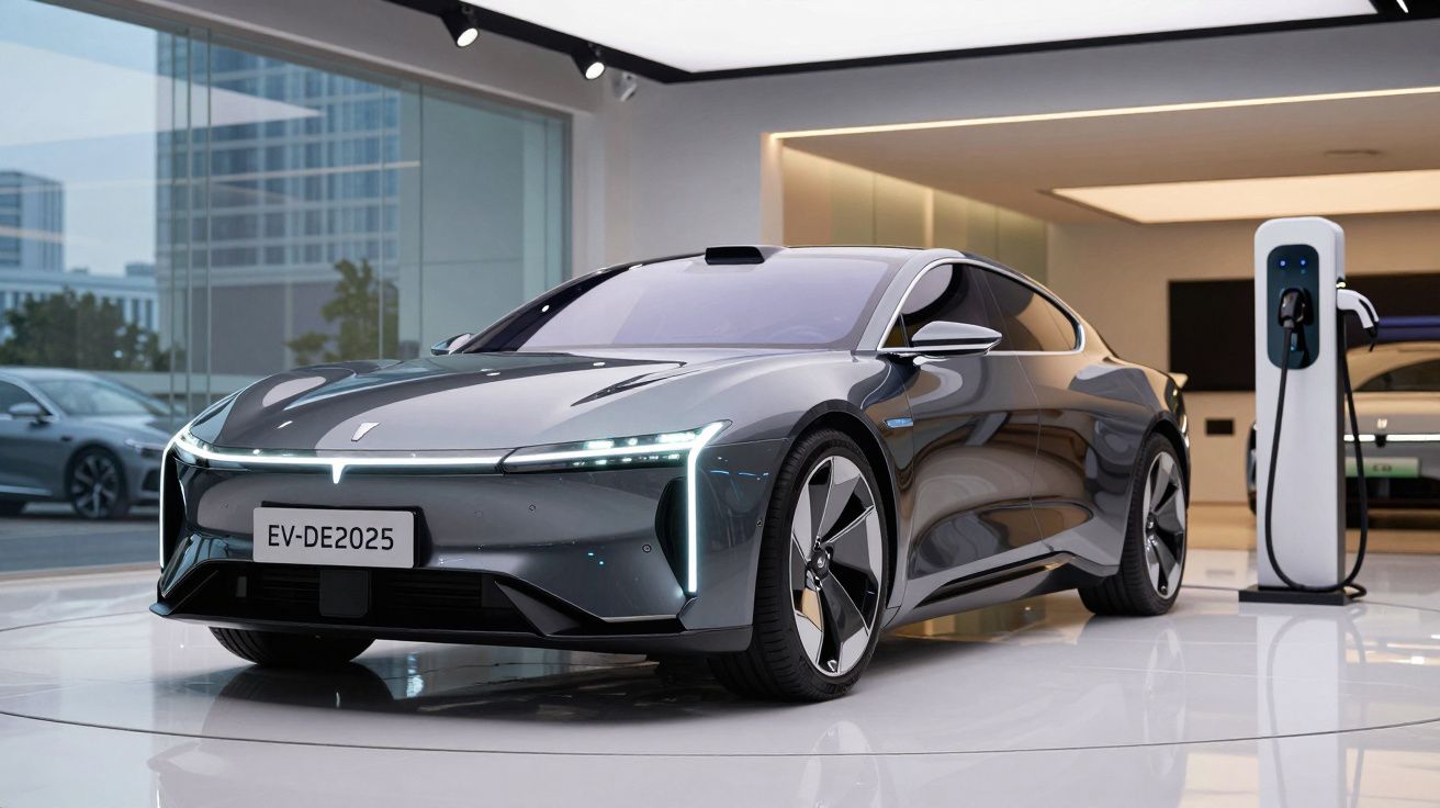 Carro elétrico cinzento moderno estacionado numa sala com estação de carregamento na parede.