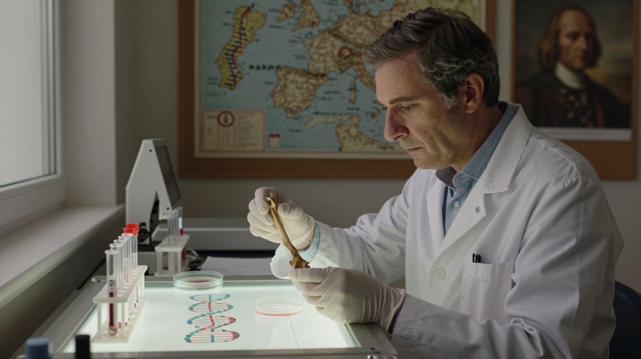 Cientista em laboratório a analisar amostra óssea com equipamentos de genética e mapa histórico ao fundo.