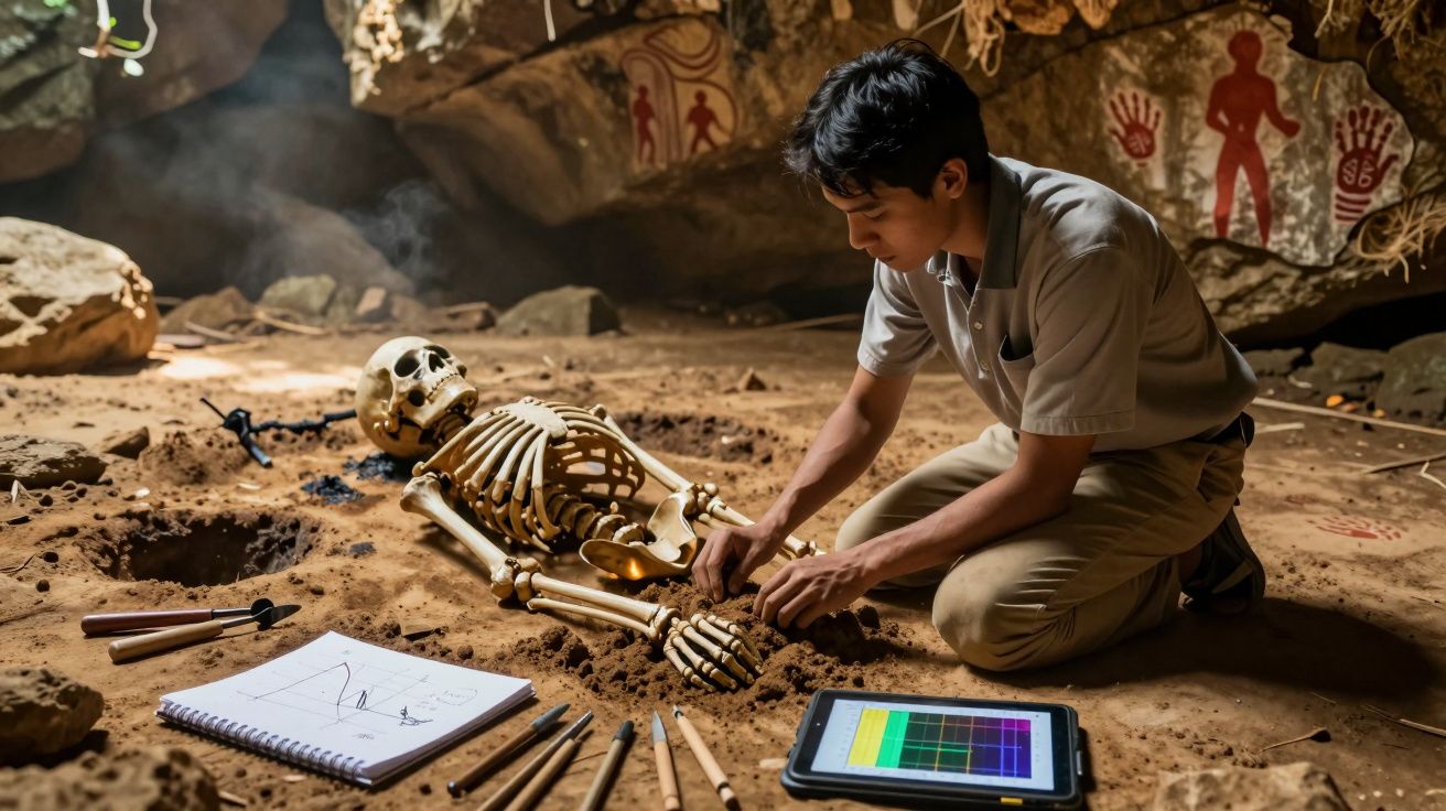 Jovem arqueólogo examina esqueleto numa escavação arqueológica em caverna com pinturas rupestres ao fundo.