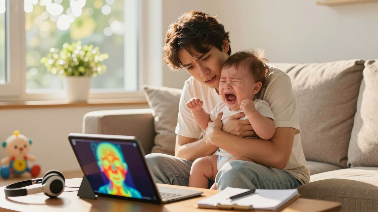 Adulto a tentar confortar bebé que chora na sala, com portátil e auscultadores numa mesa à frente.
