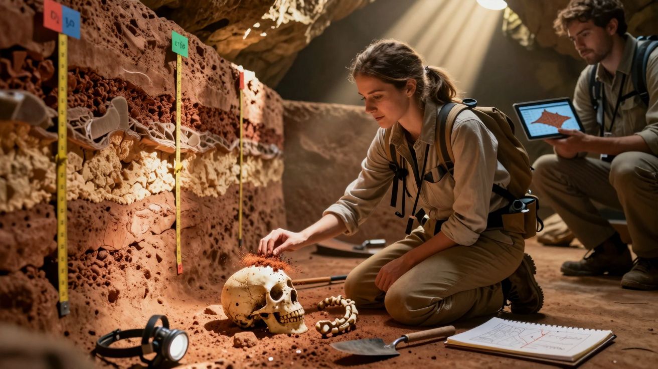 Arqueóloga examina crânio numa escavação subterrânea, enquanto colega analisa dados num tablet.