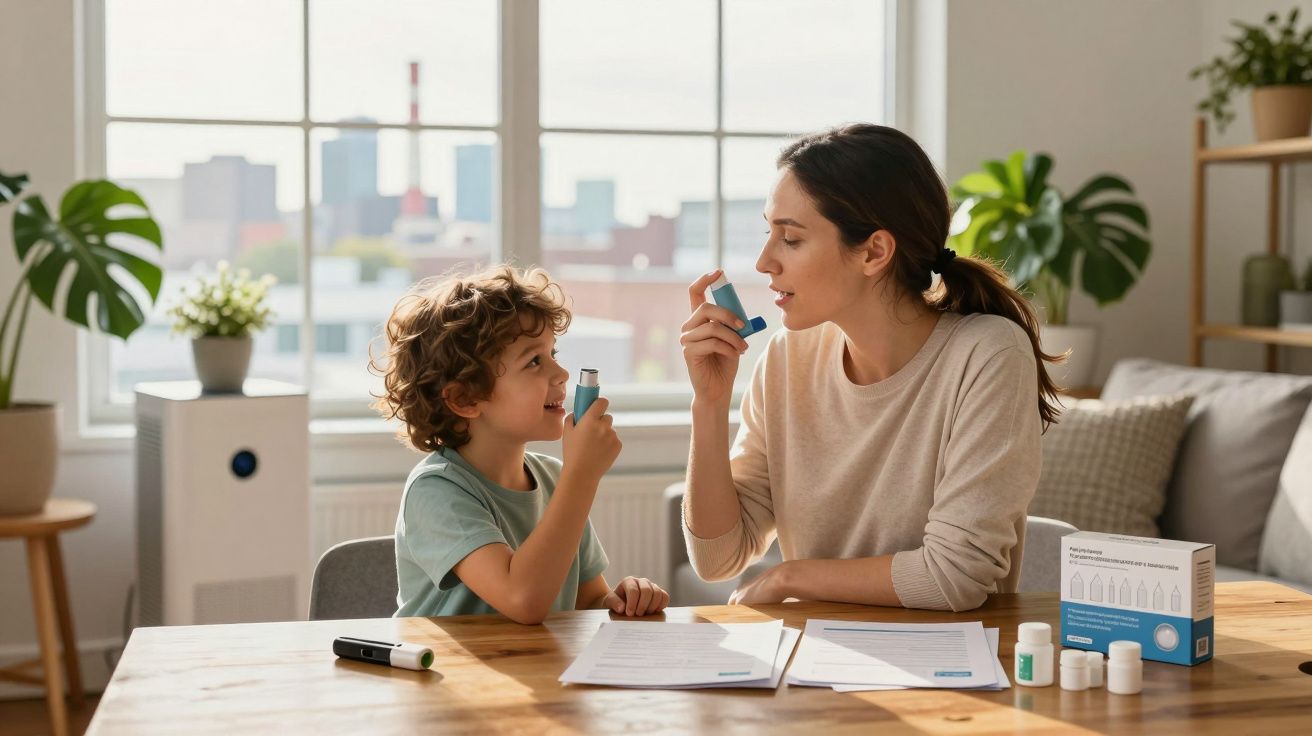 Mãe e filho sentados à mesa em sala iluminada, ambos usando inaladores para asma.