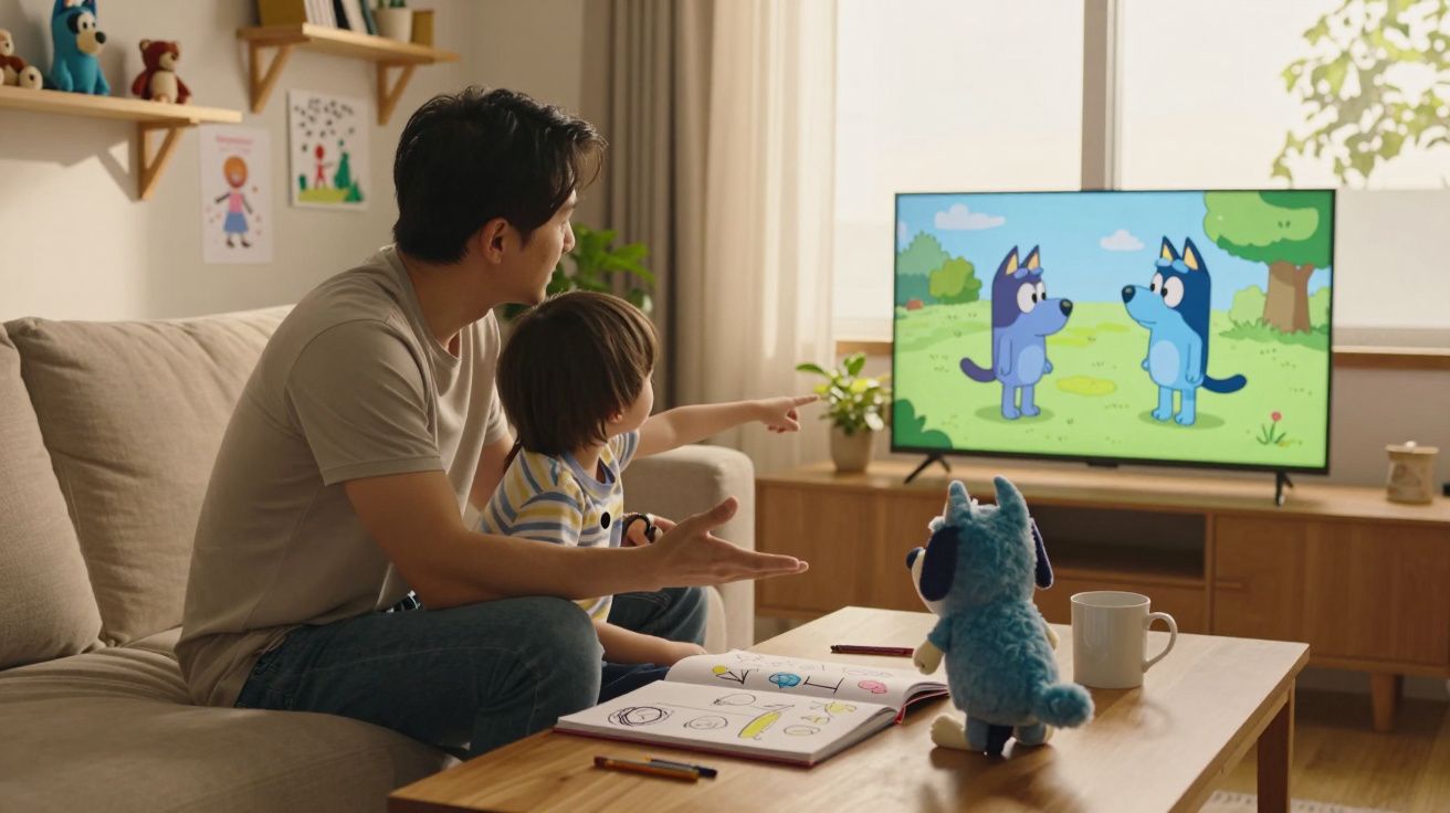 Pai e filho sentados no sofá a ver desenho animado de cães azuis na televisão na sala de estar.