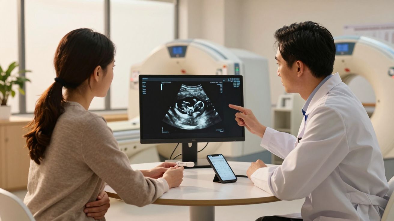 Mulher grávida e médico consultam ecografia do bebé numa clínica moderna.