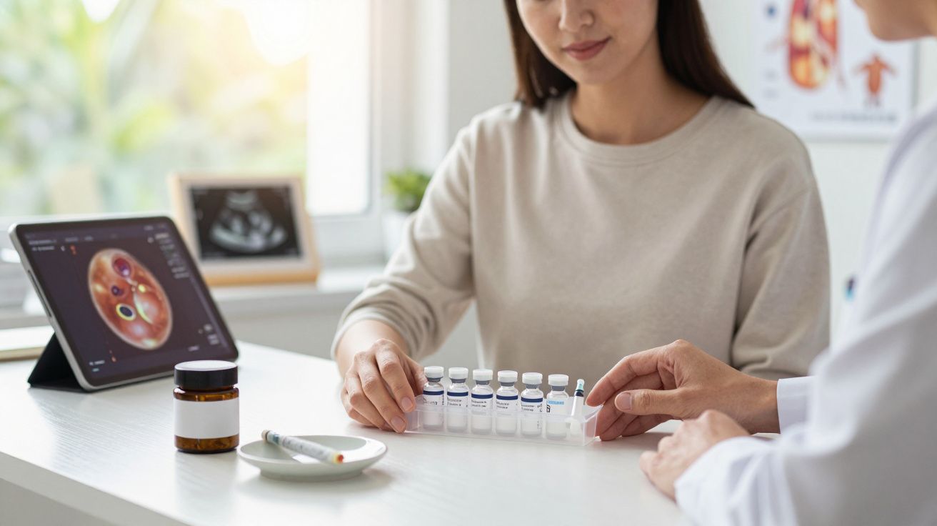 Mulher e médico analisam amostras de medicamentos em consultório clínico com tablet e modelo anatómico ao fundo.