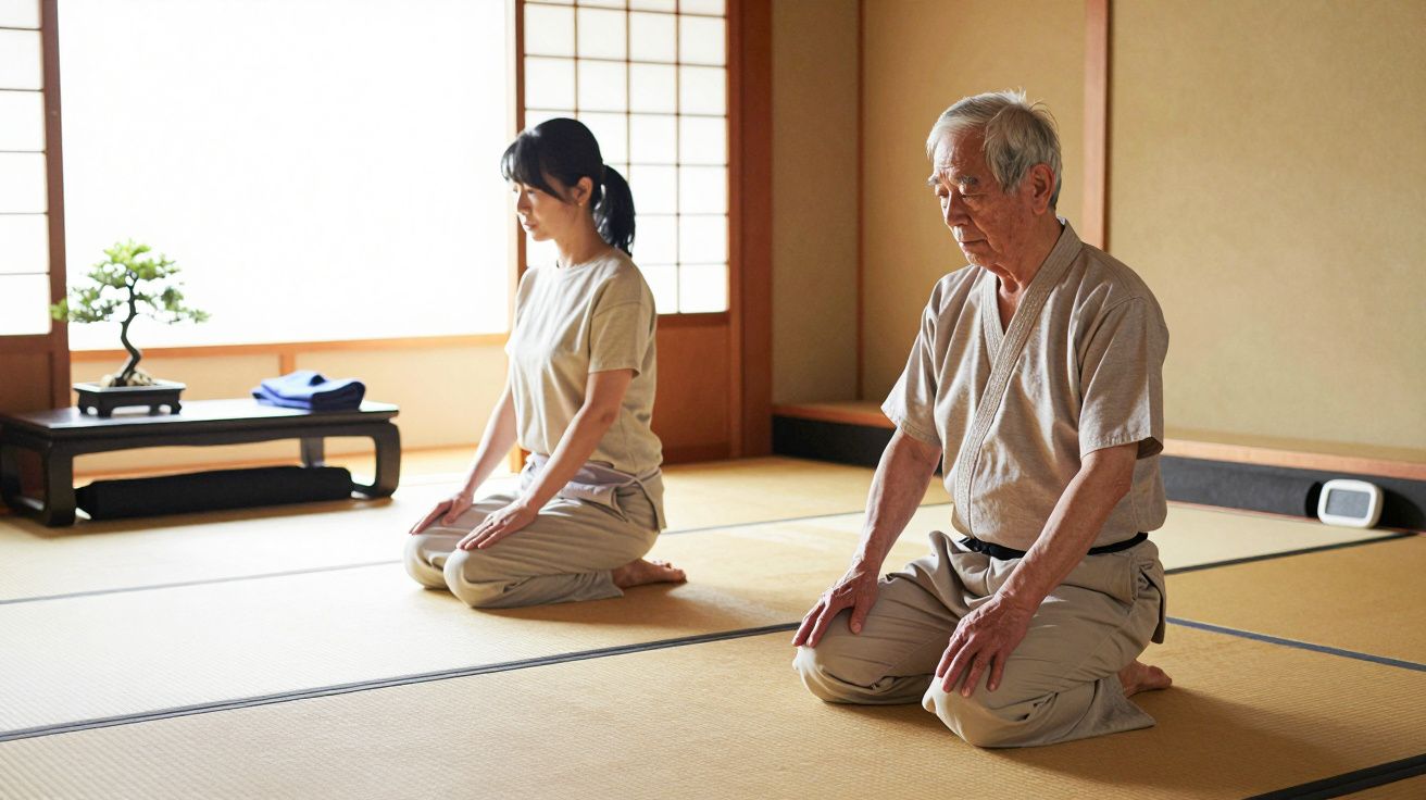 Homem idoso e mulher jovens sentados em posição de meditação numa sala tradicional japonesa.