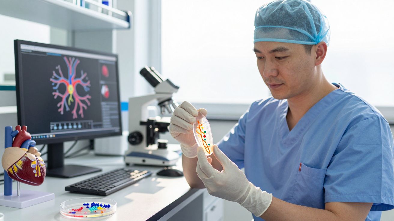 Cientista em laboratório a analisar lâmina com amostra, computador e modelo de coração ao fundo.