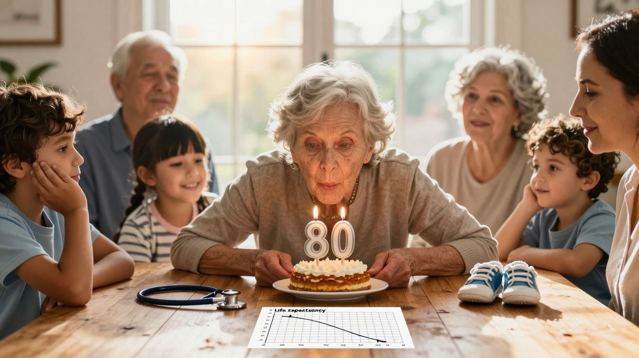 Idosa a assoprar velas do bolo com número 80, rodeada de familiares sorridentes à mesa.