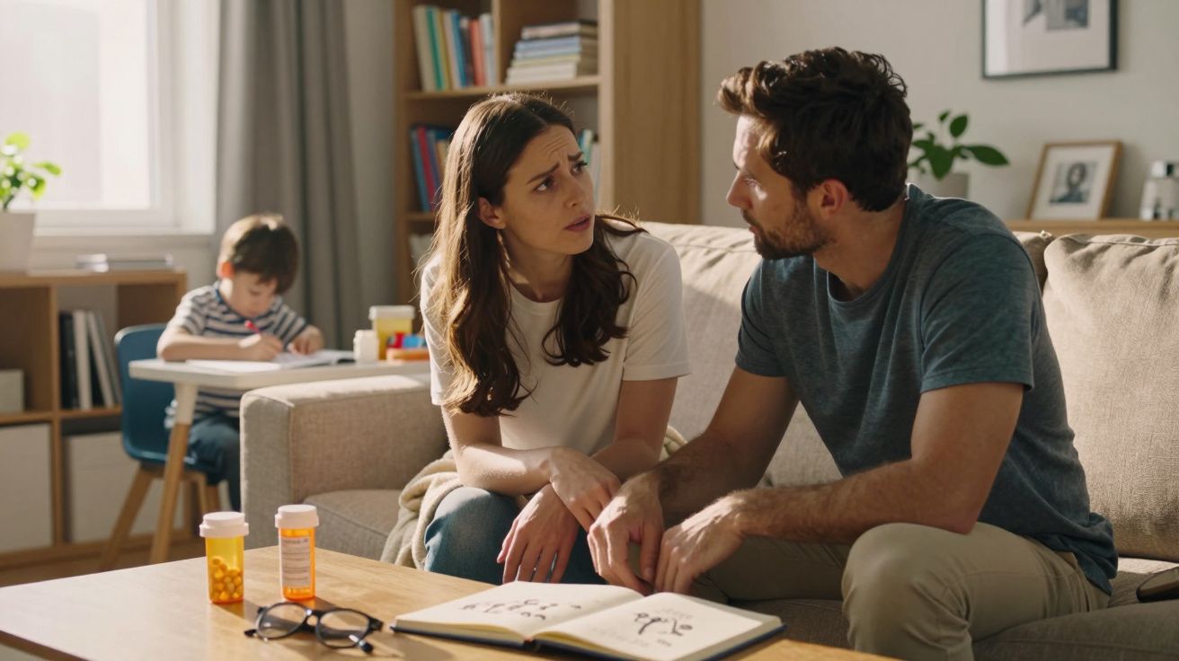 Casal preocupado conversa no sofá com filho a estudar ao fundo numa sala iluminada.