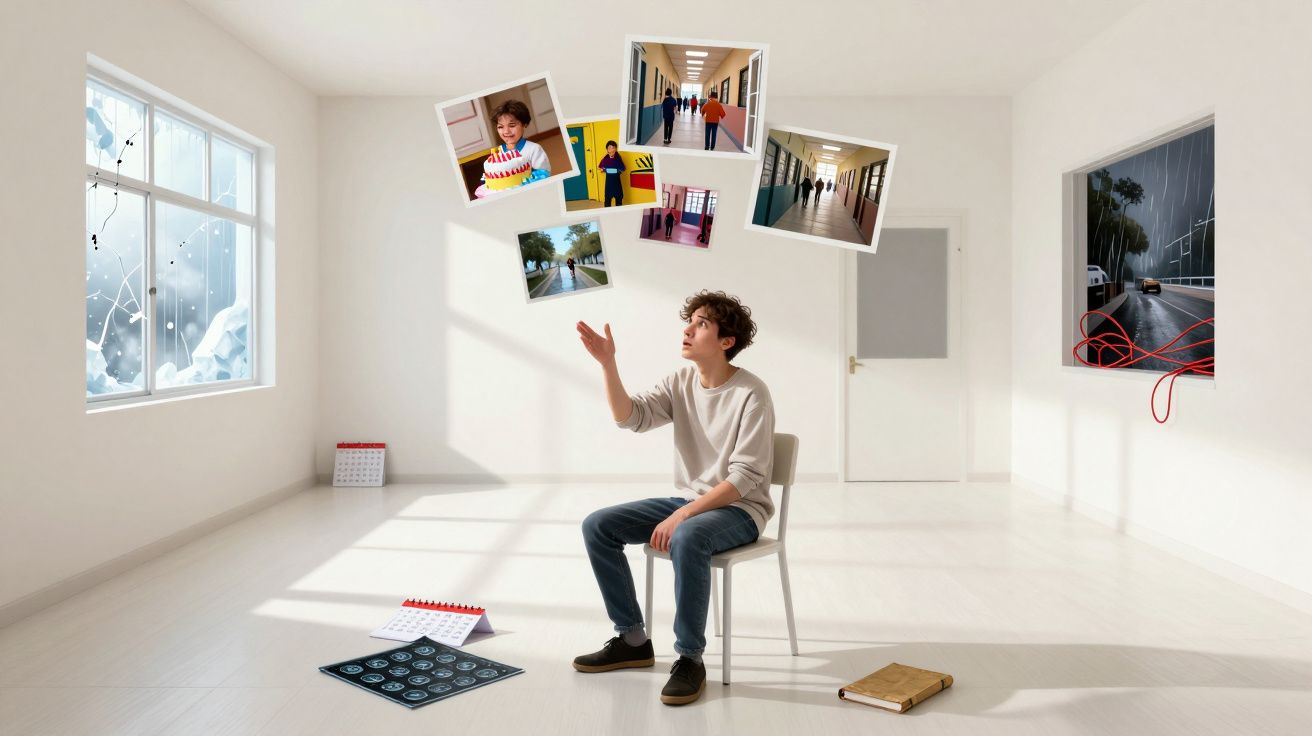 Jovem sentado em cadeira numa sala branca, a interagir com fotografias e objetos flutuantes ao seu redor.