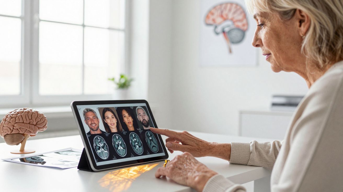 Mulher idosa analisa imagens de ressonância magnética cerebral e fotografias numa tablet num consultório médico.