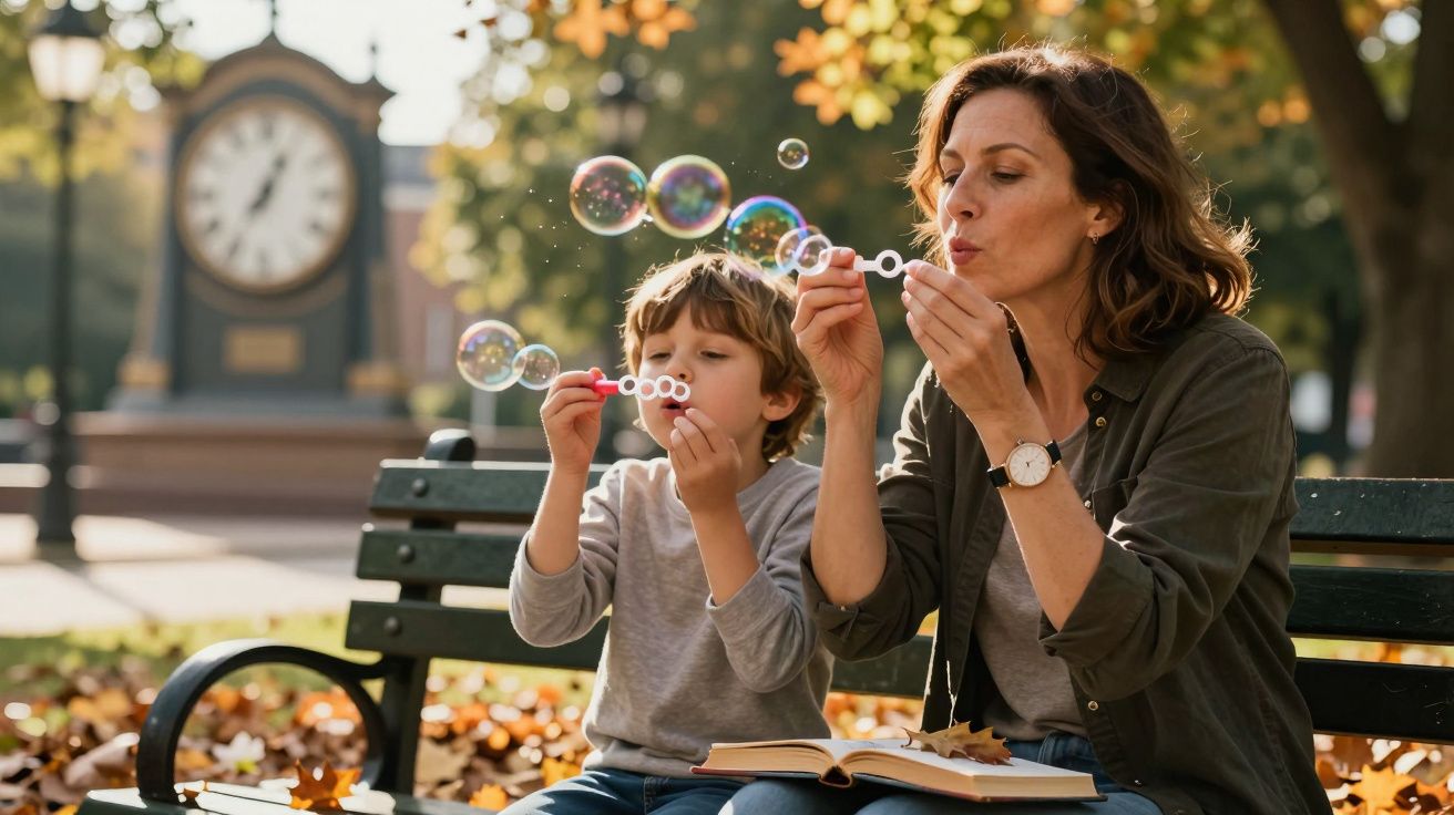 Mãe e filho sentados num banco de parque a soprar bolhas de sabão numa tarde de outono.