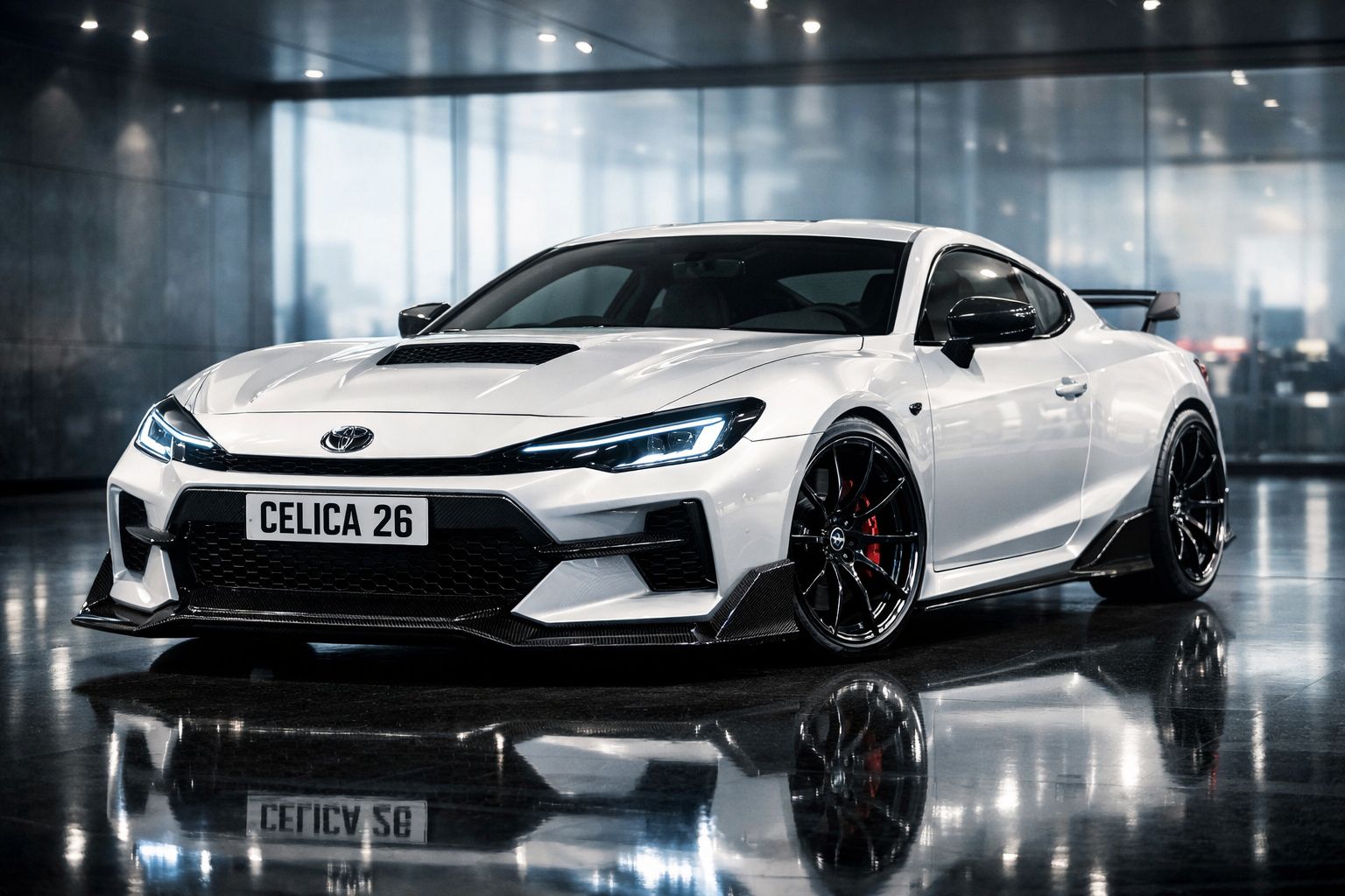 Carro desportivo branco Toyota Celica 26 num ambiente interior moderno e brilhante.