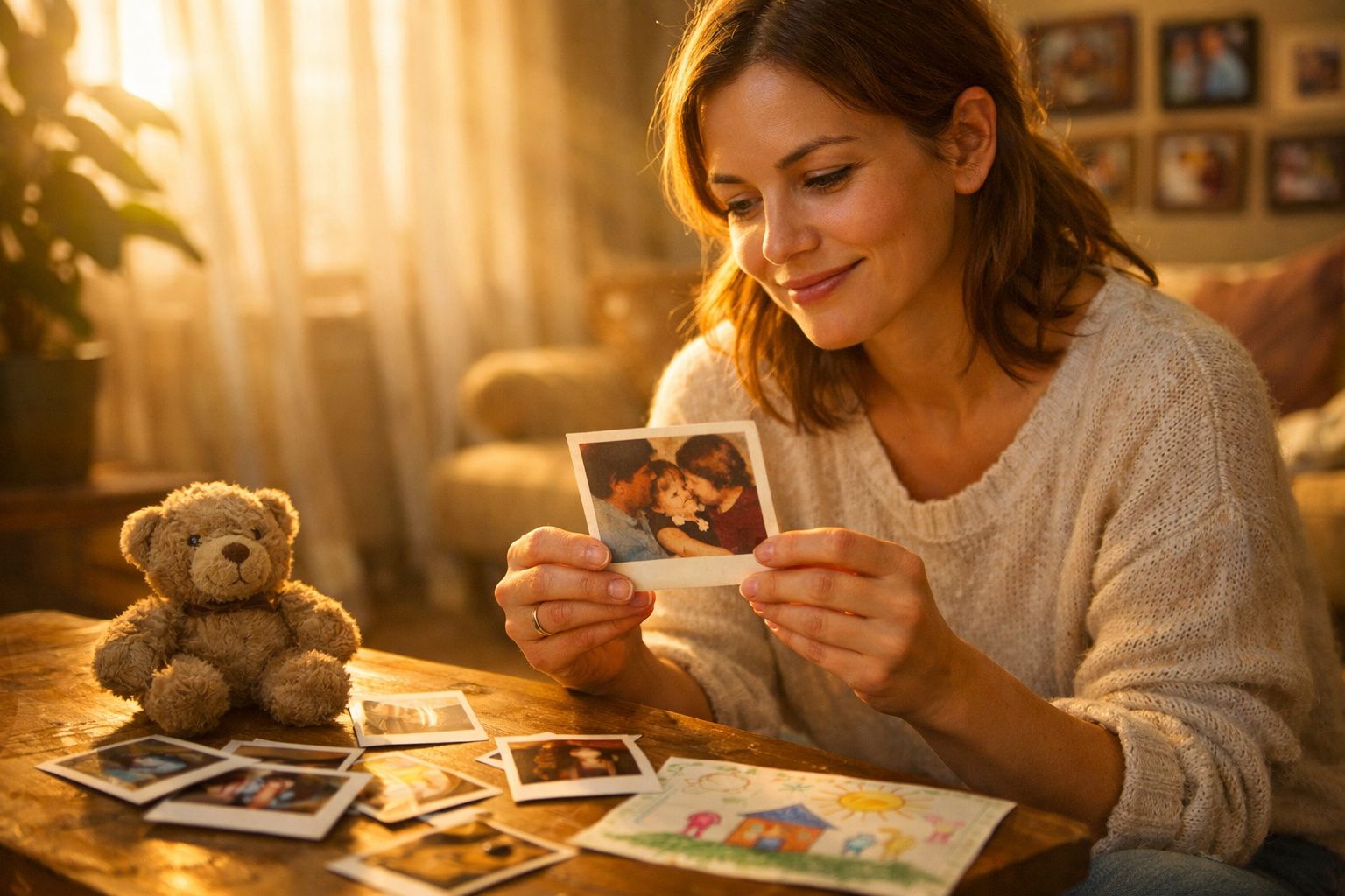Mulher sorridente a olhar uma fotografia antiga numa mesa com várias fotos e um ursinho de peluche.