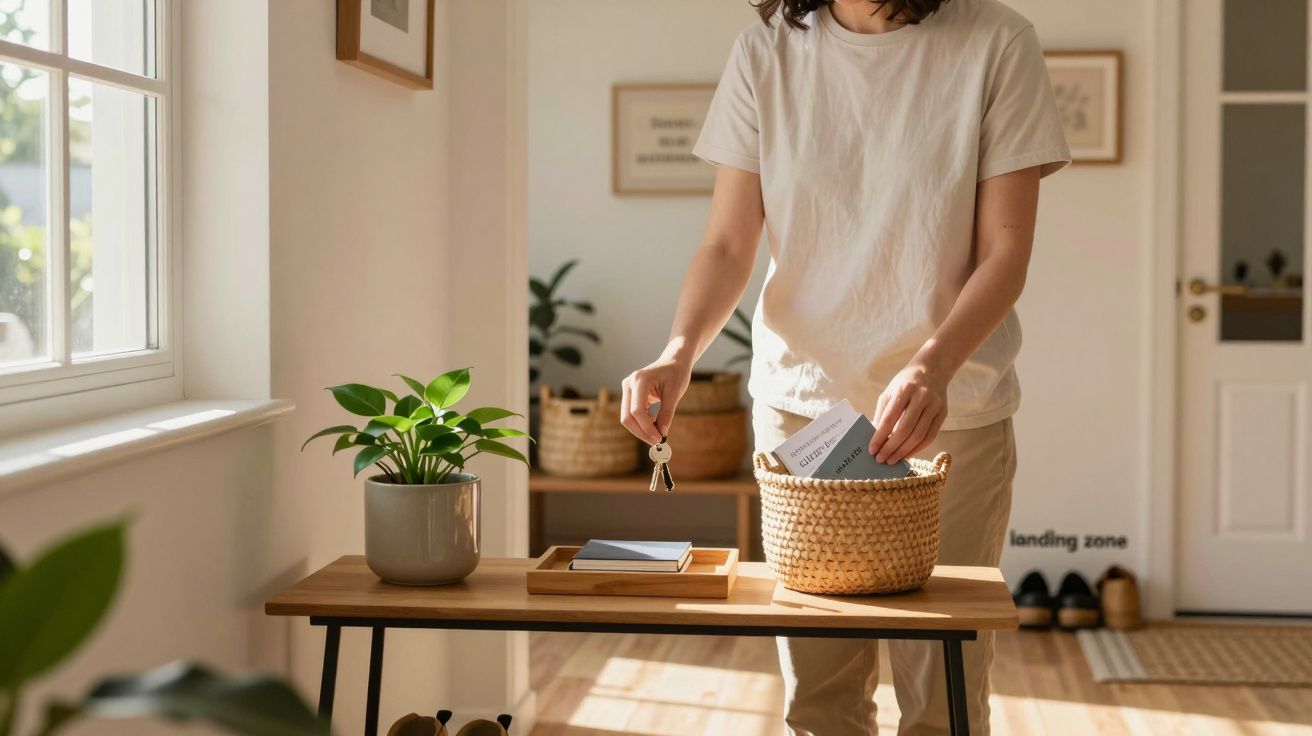 Pessoa a guardar chaves e documentos numa cesta em mesa de madeira numa entrada iluminada.