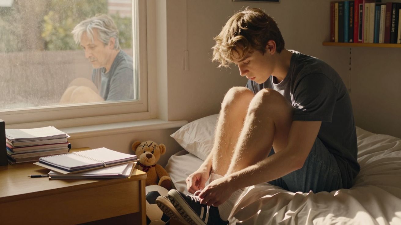 Jovem sentado na cama a calçar sapatilhas, com homem refletido na janela ao fundo.