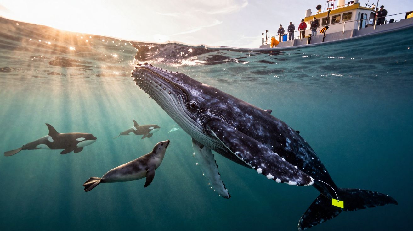 Baleia e várias orcas e uma foca nadando junto a um barco com pessoas a observar, em mar calmo.