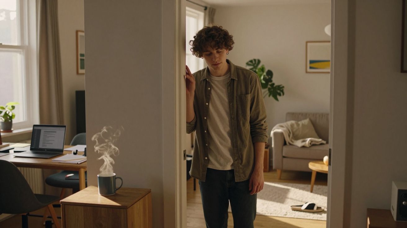 Jovem apoiado na parede entre sala e escritório, com chá quente a fumegar num móvel próximo.