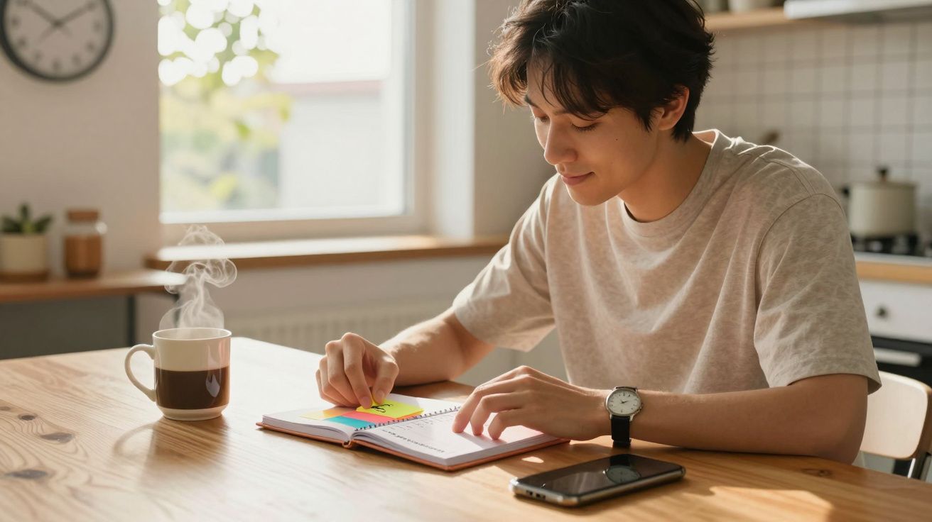 Jovem sentado à mesa, a ler um livro, com chá quente e telemóvel ao lado, num ambiente acolhedor de cozinha.