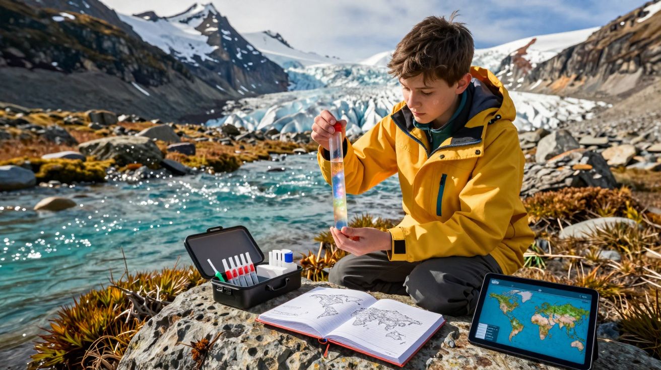 Rapaz com casaco amarelo analisa amostra de água junto a rio e montanhas com neve ao fundo, rodeado de livros e tablet.