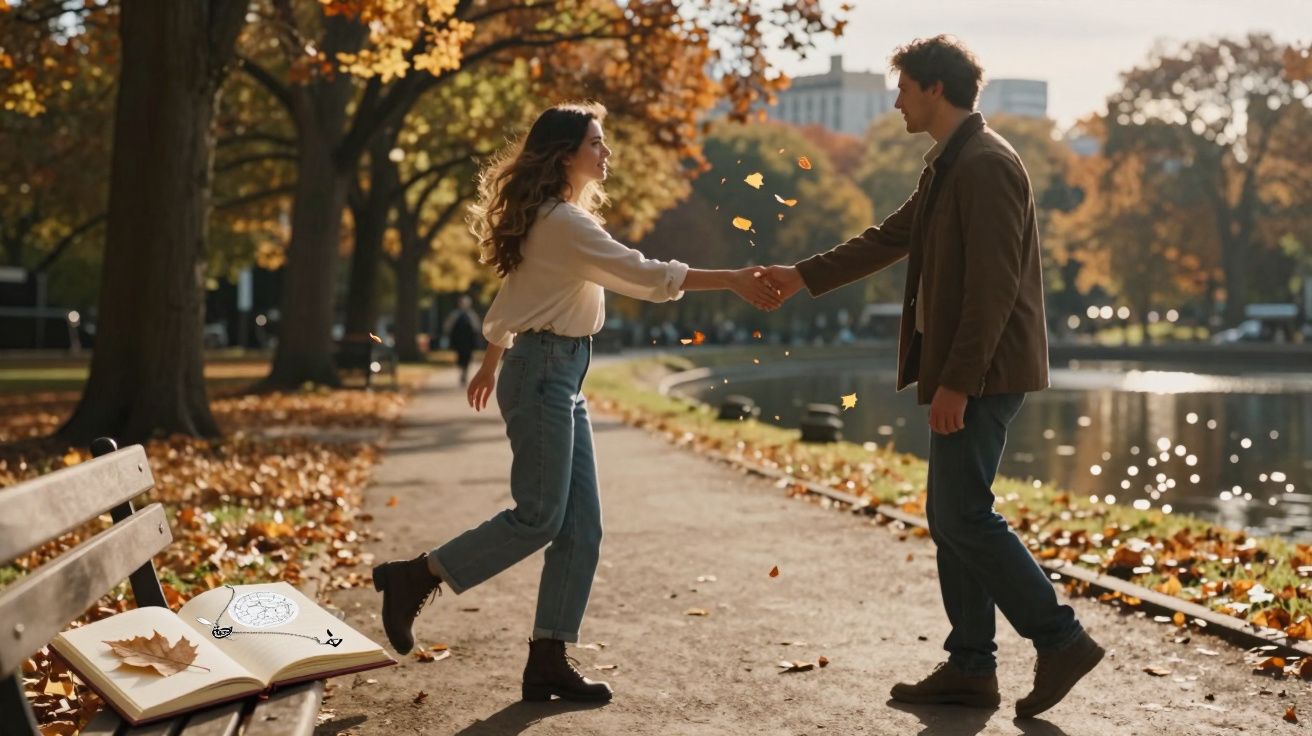 Casal a cumprimentar-se junto a um lago, em parque com árvores e folhas de outono espalhadas pelo chão.