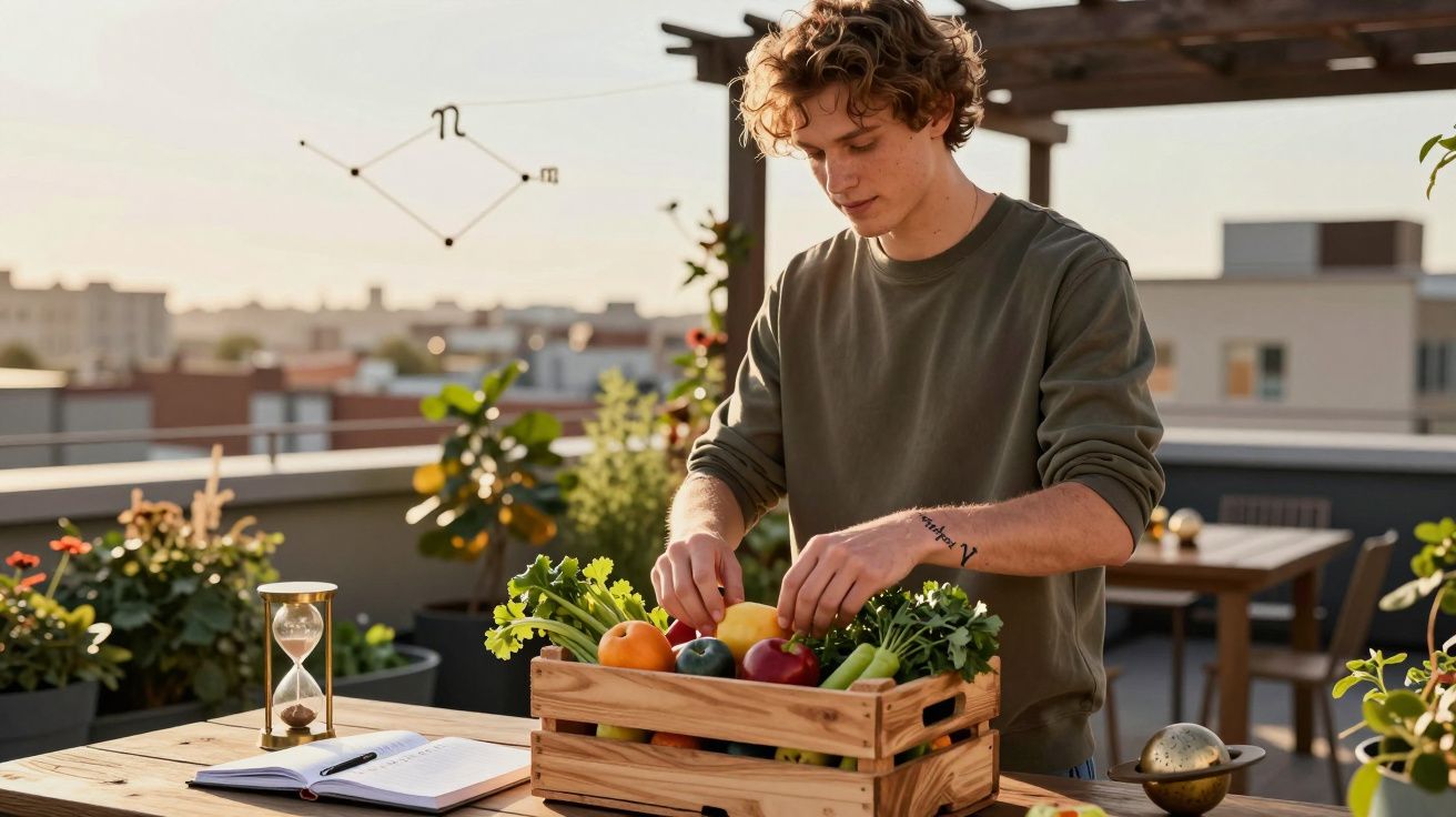 Jovem a organizar legumes numa caixa de madeira numa varanda ensolarada com plantas e vista urbana.
