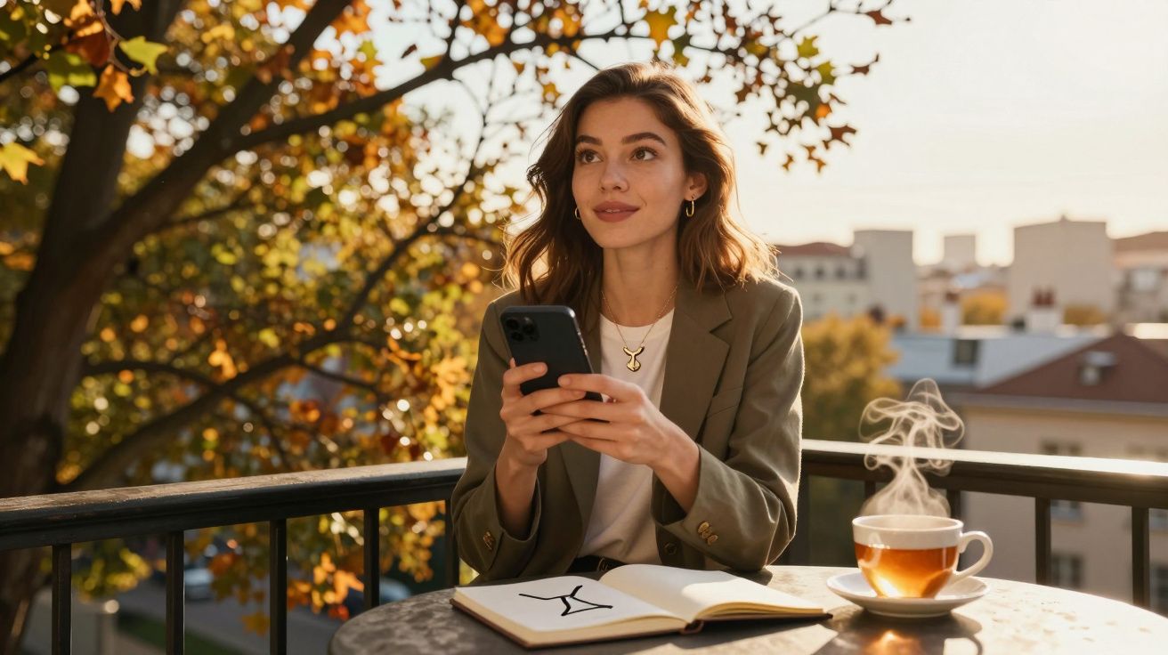 Mulher sentada numa varanda, a usar telemóvel, com livro aberto e chá quente com vapor numa manhã outonal.
