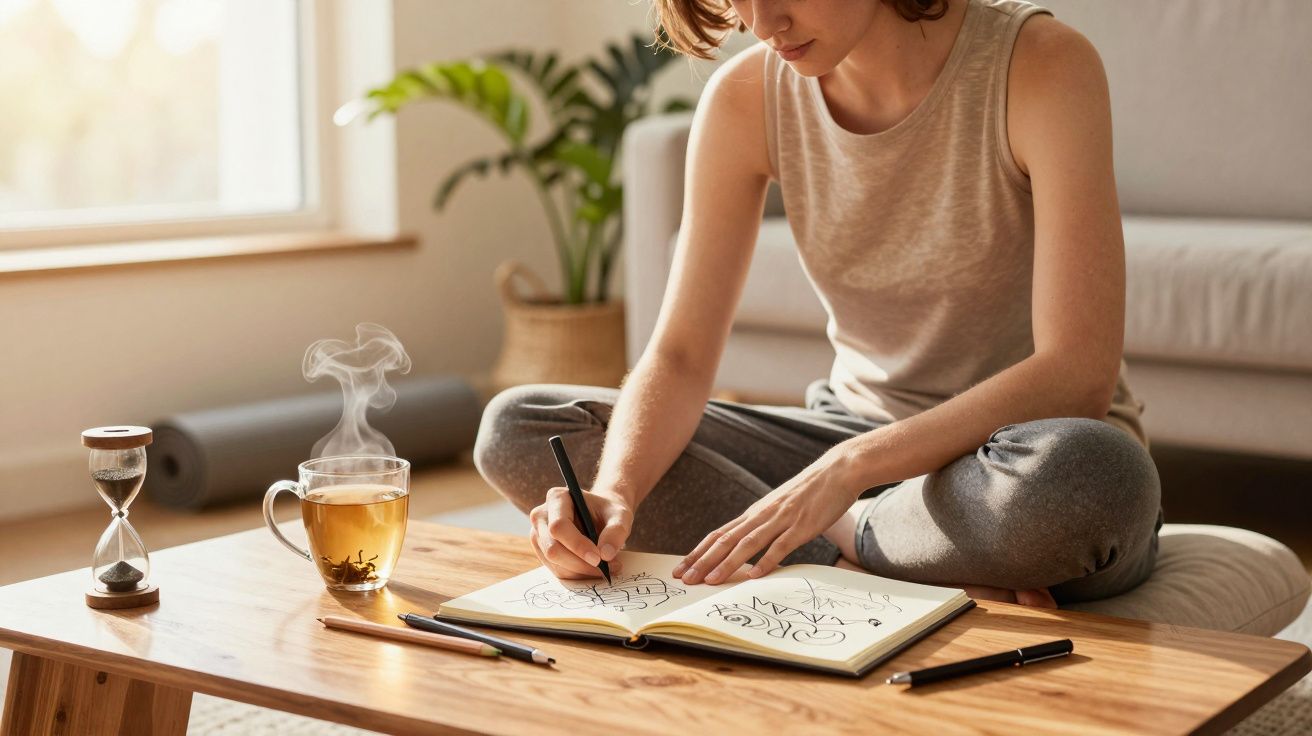 Mulher sentada no chão escreve num caderno sobre uma mesa de madeira com chá a fumegar ao lado.