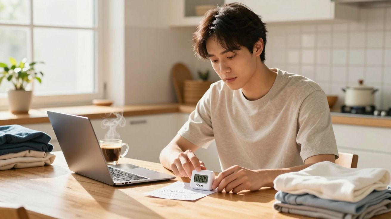 Jovem sentado à mesa com computador e temporizador, preparando-se para iniciar uma tarefa, com roupa dobrada ao lado.