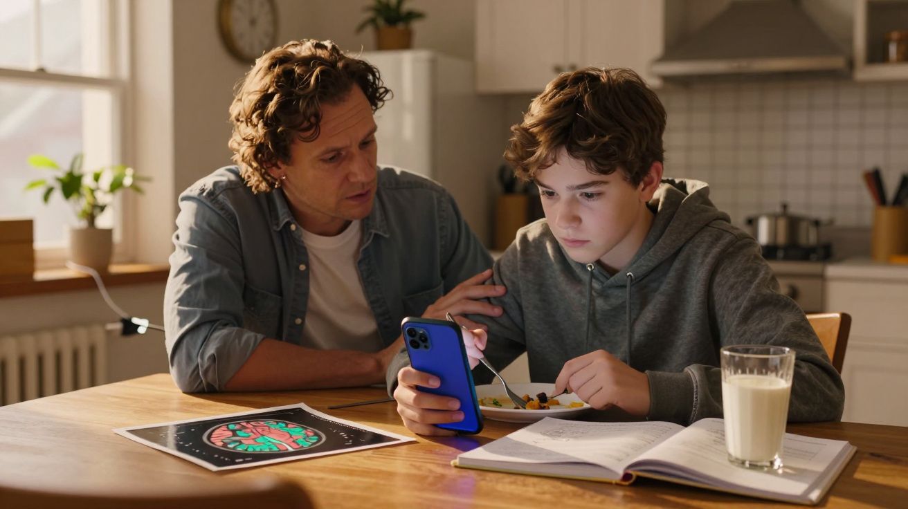 Pai ajuda filho com o telemóvel enquanto ele come e estuda numa mesa de cozinha iluminada.