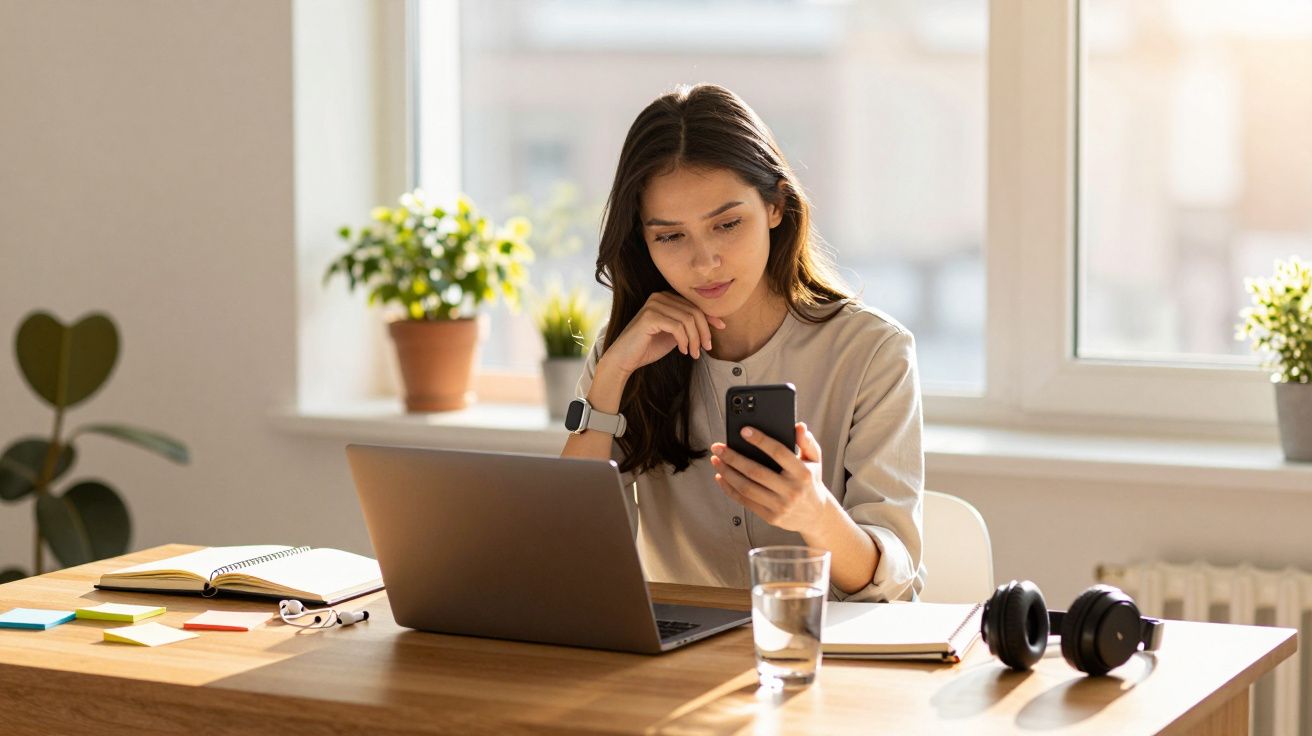 Mulher jovem sentada a trabalhar com portátil e telefone numa mesa com plantas e material de escritório.