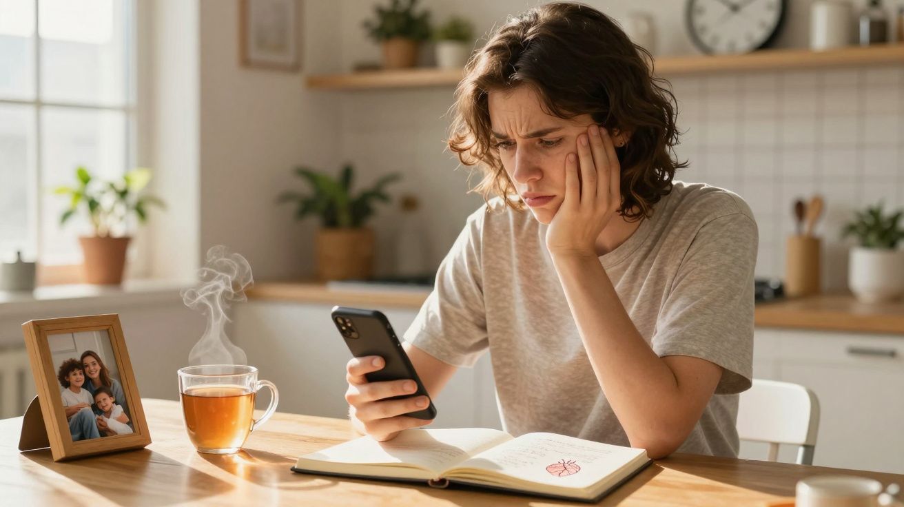 Jovem com expressão preocupada a olhar para o telemóvel, sentado à mesa com chá e uma agenda aberta.