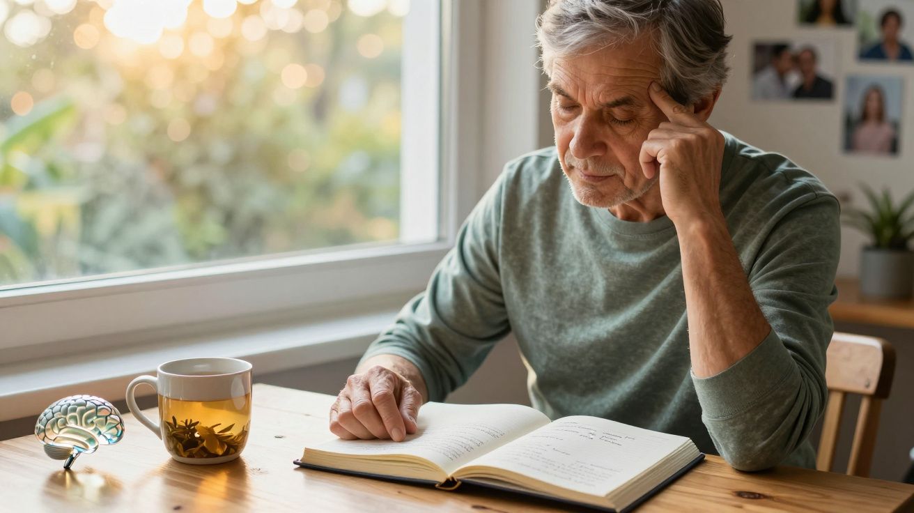 Homem sénior a ler atentamente um livro, sentado à mesa com chá e modelo de cérebro ao lado.