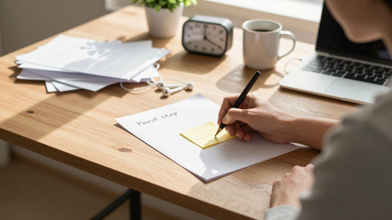 Pessoa a escrever numa nota adesiva sobre uma mesa com computador, relógio e café à luz natural.