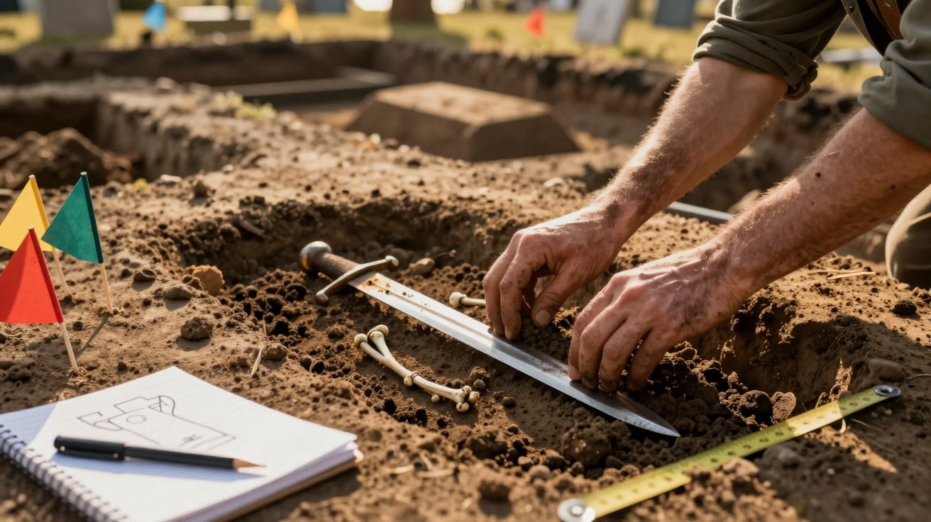 Mãos a escavar um sítio arqueológico com ossos, uma espada antiga, fita métrica e caderno de anotações.