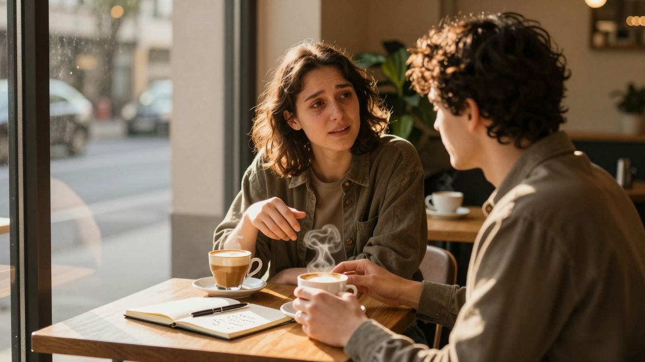Duas pessoas conversam com expressão séria numa cafeteria, com café e bloco de notas na mesa.